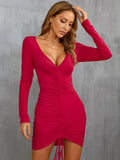 SEXY V-NECK DRAWSTRING LONG SLEEVE DRESS