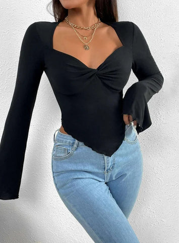 V-NECK IRREGULAR KNITTED LONG SLEEVE T-SHIRT