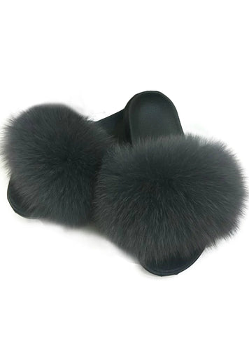 GRAY CASUAL RACCON FUR SANDALS FURRY FLUFFY PLUSH SHOES