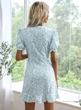 BUBBLE SLEEVE CHIFFON FLORAL V-NECK DRESS