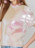 SLEEVE SOLID PINK SEQUINED LADY TOP O-NECK