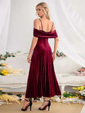 SPLIT VELVET OFF THE SHOULDER STRAPS DRESS