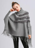 HIGH NECKED BAT SLEEVE FRINGED TURTLENECK CLOAK