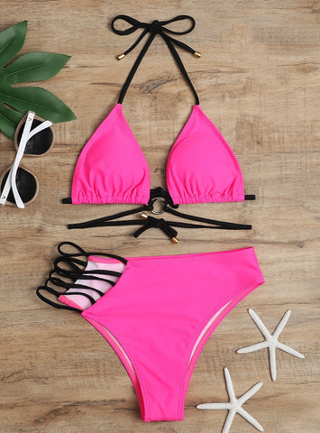 SPLIT LEOPARD PRINT HOLLOW SWIMSUIT BIKINI