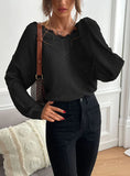 STITCHING LACE SOLID COLOR V-NECK KNITTED SWEATER