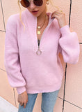 V-NECK ZIPPER LANTERN SLEEVE SWEATER