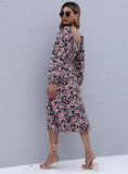 LONG SLEEVE FLORAL SQUARE COLLAR PLEATED DRESS