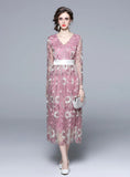 V-NECK GAUZE EMBROIDERED FLOWER LONG SLEEVE DRESS