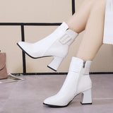 PU SHORT BARREL SQUARE HEEL ROUND HEAD BOOTS