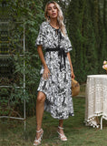 CHIFFON LEAF PRINT BOHEMIA DRESS