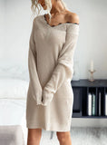 V-NECK LACE STITCHING SWEATER DRESS