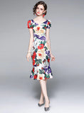 SUMMER SHORT SLEEVE HIP SLIM PRINT DRESS