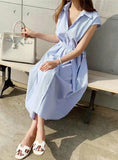 CASUAL SLEEVELESS STRIPED OVERSIZE LACE UP LONG DRESS