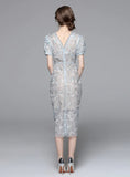 LIGHT BLUE V-NECK FLOWER EMBROIDERY PLEATED DRESS