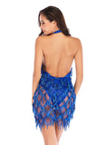 V-NECK HALTER BACKLESS FRINGED SEQUINED DRESS
