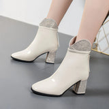WOMEN'S RHINESTONE THICK HEEL BOOTS