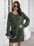 DINOSAUR JACQUARD V-NECK LONG SLEEVE SWEATER DRESS