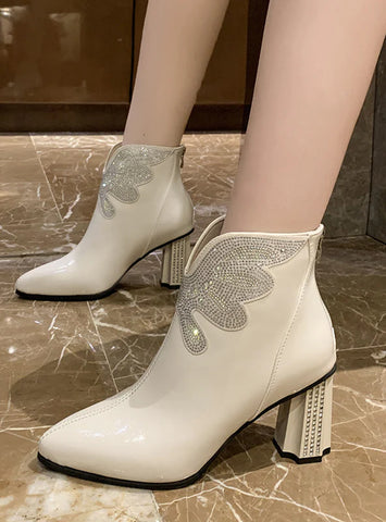 WOMEN'S FASHION RHINESTONE THICK HEEL BOOTS