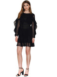 SOLID BLACK MINI DRESS RUFFLES LACE-UP CHIFFON