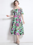 BELLFLOWER PRINT ELASTIC WAIST SLING DRESS
