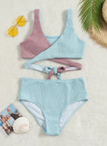 SOLID COLOR STITCHING CROSS HIGH WAIST SWIMSUIT