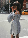 OFF SHOULDER STRIPE PARTY LADIES CASUAL DRESS LONG SLEEVE