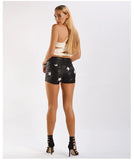 PU LEATHER PANTS ELASTIC METAL HOLE ROPE SHORTS