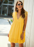 OUT V NECK BUTTERFLY SLEEVE HOLLOW LACE DRESS