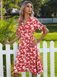 FLOWER IRREGULAR BOW SHORT SLEEVE DRESS