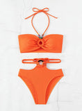 HALTER SOLID COLOR METAL RING HIGH WAIST SPLIT SWIMSUIT