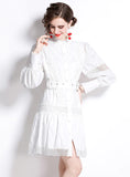 WHITE LACE STITCHING LANTERN SLEEVE DRESS