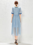 RETRO BLUE BUBBLE SLEEVE LACE EMBROIDERY STITCHING DRESS