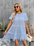 MESH STITCHING ROUND NECK SOLID COLOR DRESS