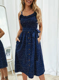 WOMEN BOW BUTTON SLEEVELESS SPAGHETTI STRAP DRESS