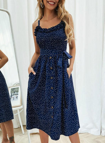 WOMEN BOW BUTTON SLEEVELESS SPAGHETTI STRAP DRESS