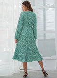 V-NECK HIGH WAIST CASUAL PRINTED FLOUNCE DRESS