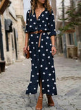 DOT PRINT LONG SLEEVE BUTTON LONG DRESS