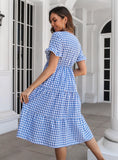 PLAID V-NECK SHORT SLEEVE DRESS