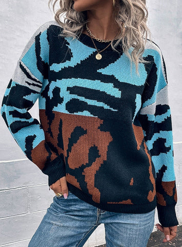 TIGER PRINT CONTRAST CREWNECK PULLOVER SWEATER