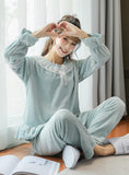 FLANNEL PAJAMAS TROUSERS SOLID LACE SWEET SLEEPWEAR