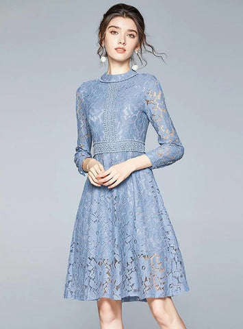 BLUE 3/4 SLEEVE COLLAR OPENWORK LACE DRESS