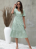 SUMMER PLAID PRINT SHORT SLEEVE DRESS