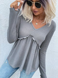 V-NECK RUFFLED STITCHING PLEATED KNITTED SWEATER