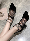 MESH POINTED THICK HEEL HOLLOW HIGH HEEL COOL BOOTS