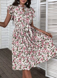 PRINTED CASUAL PLEATED LACE-UP DRESS
