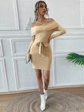 OFF THE SHOULDER LONG-SLEEVED KNITTED DRESS