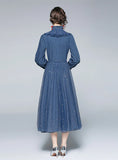RETRO LONG SLEEVE MESH SEQUINED DENIM BLUE DRESS