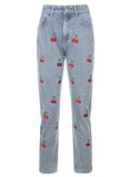 CHERRY EMBROIDERED SLIM HIGH WAIST JEANS