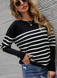 BUTTON-THREADED CUFF STRIPED SWEATER