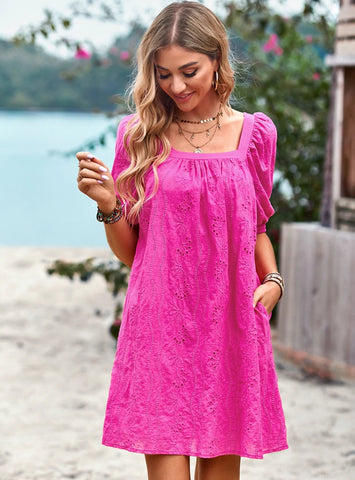 SOLID COLOR OPENWORK JACQUARD SQUARE COLLAR DRESS